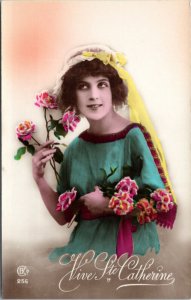 Postcard St Catherine's Day tinted photo woman green dress CEKO 256