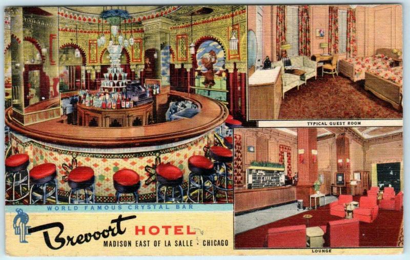 CHICAGO, Illinois IL ~ BREVOORT HOTEL Bar, Lounge Interior c1940s Linen Postcard