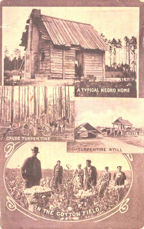 Typical Negro Home Crude Turpintine & Still Cotton Field Real Photo Postcard 