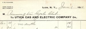 1910 ILION NY UTICA GAS AND ELECTRIC COMPANY REMINGTON CYCLE CLUB BILLHEAD Z4649