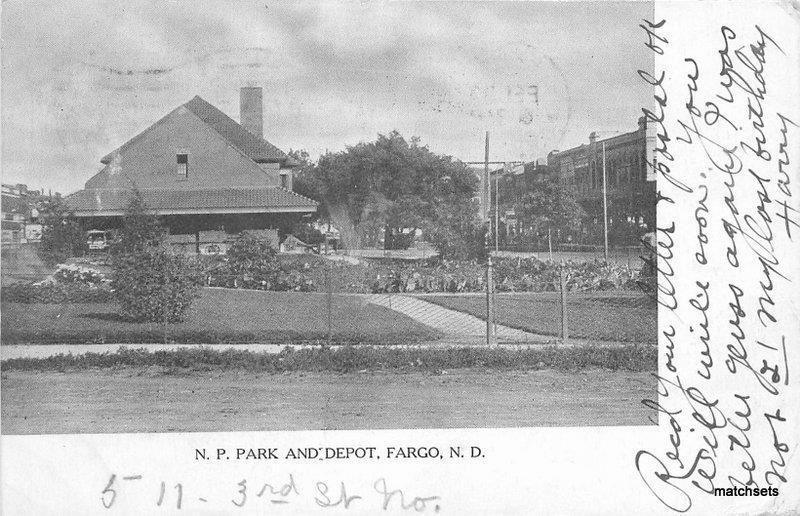 1908 Northern Pacific Railroad Depot Fargo North Dakota Porte postcard 6620
