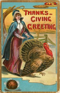 Embossed Thanksgiving Postcard S 100, Pilgrim Lady with Turkey on Leash