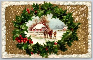 Best Christmas Wishes~Horses In Holly Frame~PM 1911~Emb~Vintage Winsch Postcard