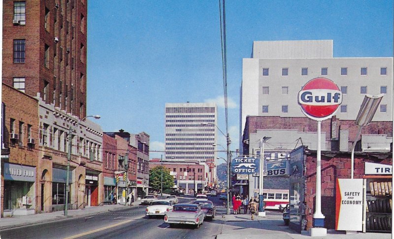 Looking East Patton Avenue Gulf Oil & Greyhound Bus Sign Ashville North Carolina