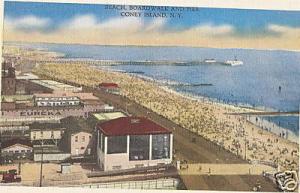 CONEY ISLAND, N.Y. BEACH, BOARDWALK & PIER POSTCARD