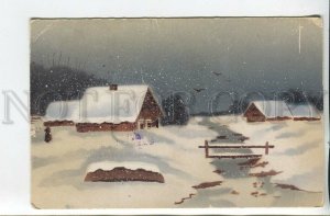 461485 RUSSIA Winter Village Night Christmas Vintage postcard 1917 year