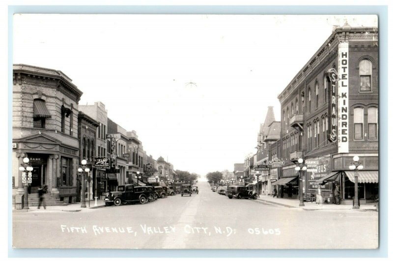 5th Avenue Valley City North Dakota Downtown Old Cars RPPC Antique Postcard 