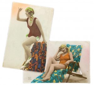 Early bathing suits fashion pin up risque beauty model women vintage postcards 