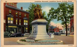 1940s Longfellow Monument Portland Maine Linen Postcard