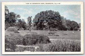 Monmouth Illinois~Monmouth Park~Pavilion~Swingset~1930s Linen Postcard