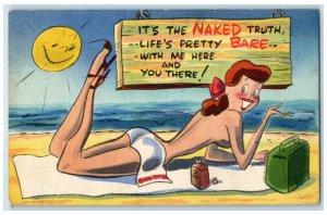 1951 Ugly Woman Beach Bathing Naked Truth Anthropomorphic Sun Osakis MN Postcard
