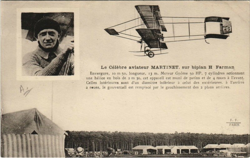 PC CPA AVIATION, MARTINET SUR BIPLAN H. FARMAN, Vintage Postcard (b24234)