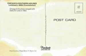 Airline Postcards Chicago& Southern Airlines Lockheed L-649 A Merged with Delta