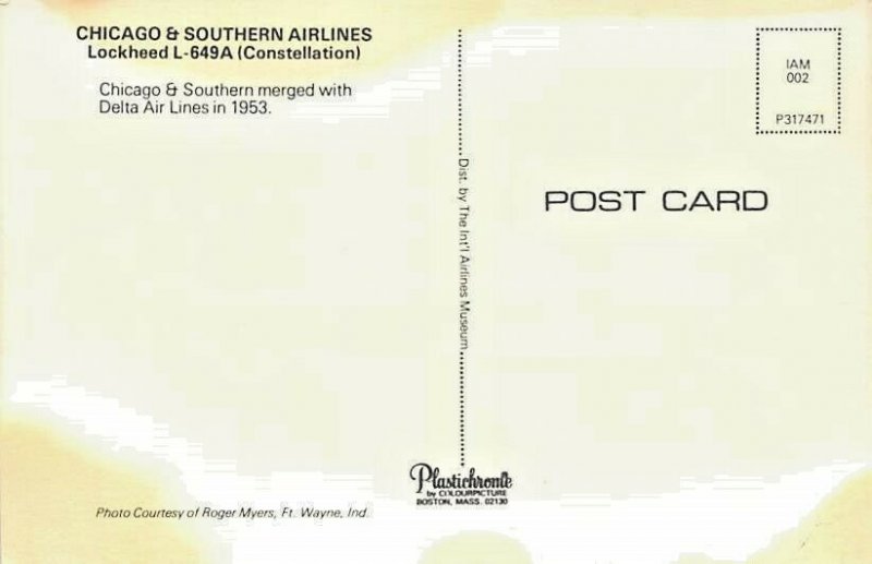 Airline Postcards Chicago& Southern Airlines Lockheed L-649 A Merged with Delta