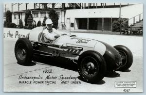 Postcard Photo RPPC 1952 Indianapolis 500 Racer Andy Linden Miracle Power Q14