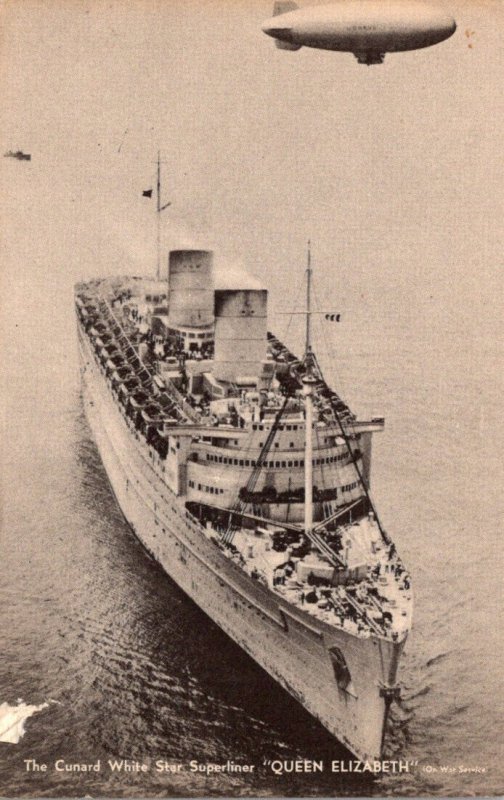 Cunard White Star Superliner Queen Elizabeth On War Service U S Navy Blimp Ov...