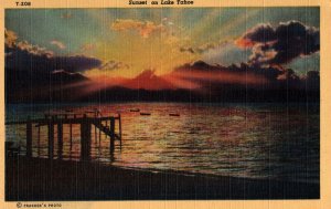 VINTAGE POSTCARD SUNSET VIEW ON LAKE TAHOE CALIFORNIA LINEN