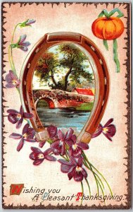 1912 Wishing You A Pleasant Thanksgiving River Scene Flowers Posted Postcard
