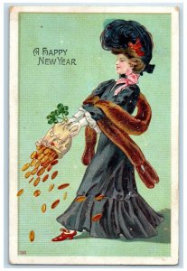 1908 Happy New Year Woman Big Hat Throwing Sack Of Coins Embossed Postcard