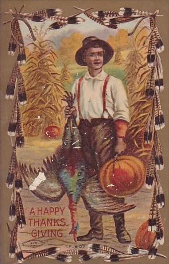 Thanksgiving Man Carrying Turkey and Pumpkin