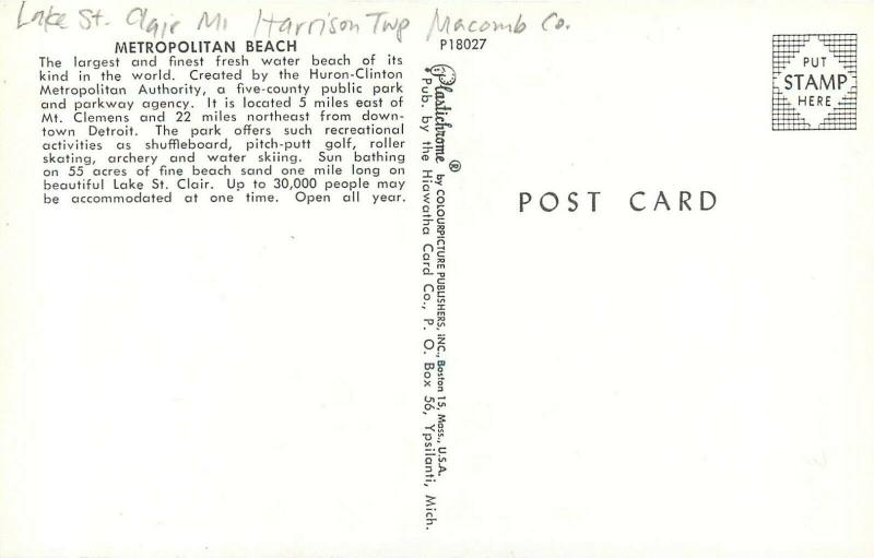 c1960 Postcard Metropolitan Beach Park, Lake St. Clair Harrison Twp Macomb Co MI