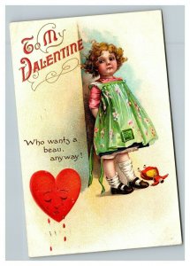 Vintage 1910's International Art Valentines Postcard Small Girl Broken Heart Sad