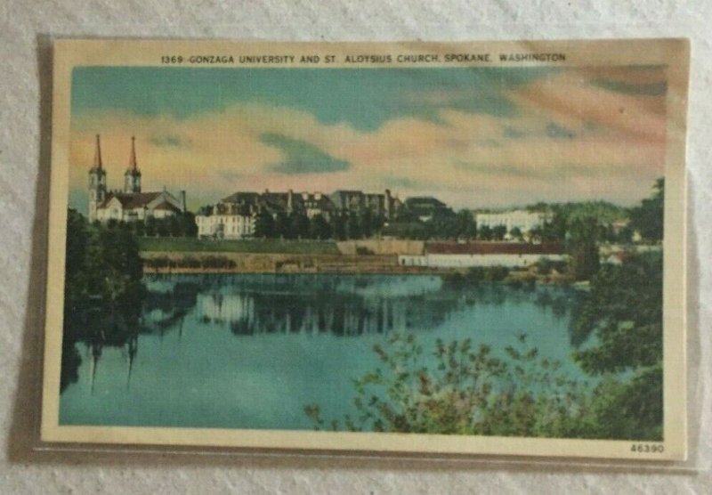 VINTAGE UNUSED LINEN POSTCARD GONZAGA UNIV & ST ALOYSIUS CHURCH SPOKANE WASH.