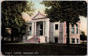 1966 Public Library Waukesha Wisconsin Grounds Trees & Building Posted Postcard