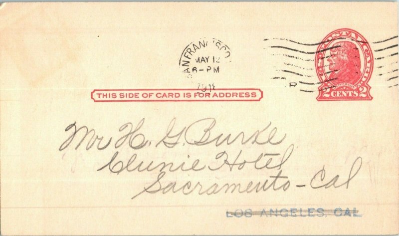 Old 2 cent Postal Card Postcard 1918 San Fernando CA Cancel