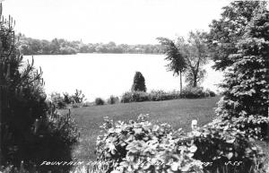 Albert Lea Minnesota~Fountain Lake~Lawn Trees & Shrubs in Foreground~1954 RPPC