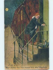 Bamforth comic DRUNK MAN STAGGERS HOME VERY LATE AT NIGHT HL3230