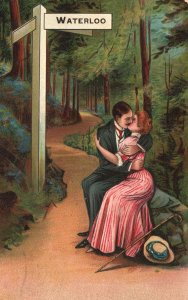 Vintage Postcard 1908 Waterloo Man & Woman Kissing Scene Couple Lovers Forest