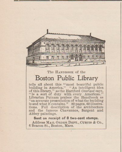 1895 Print Ad Boston Public Library Handbook~Curtis & Co~6 Beacon St~Boston