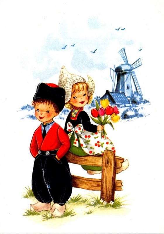 Holland Dutch Kids In Local Costume With Windmill