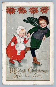 KIDS SKATING EMBOSSED CHRISTMAS ANTIQUE POSTCARD