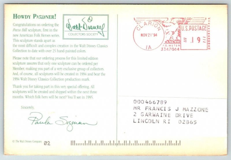 Walt Disney  Pecos Bill Sculpture   Postcard