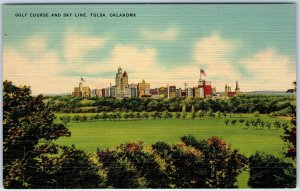 c1940s Tulsa, OK Golf Course Skyline Linen Postcard American Flag Downtown A91