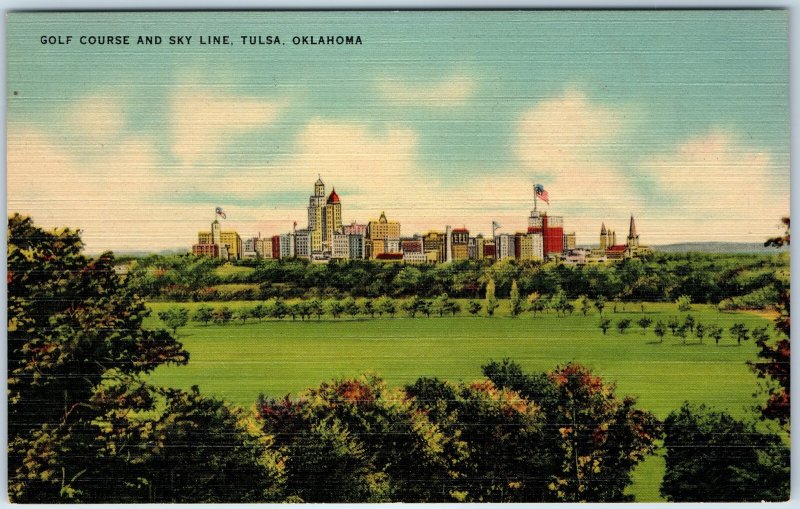 c1940s Tulsa, OK Golf Course Skyline Linen Postcard American Flag Downtown A91