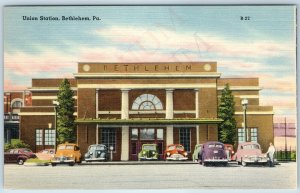 c1940s Bethlehem, PA Union Station Train Depot Railway Cars Mebane Greeting A203