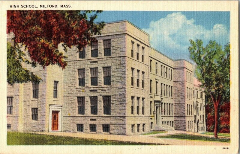 Milford Mass High School Linen Postcard WB Unp Vintage Vtg Unposted Education 