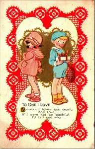 Adorable Children Valentines Day To One I Love 1910s Vtg Embossed Postcard