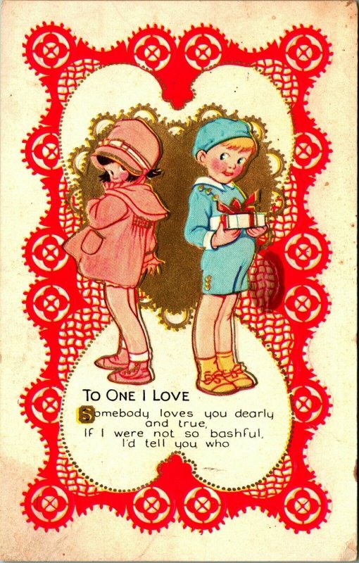 Adorable Children Valentines Day To One I Love 1910s Vtg Embossed Postcard