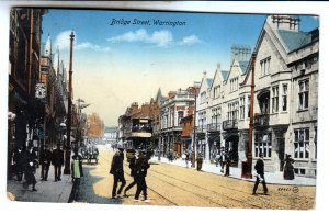 P2461, old postcard busy bridge street trolly many people etc warrington england