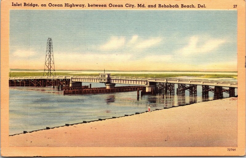 Ocean Highway Inlet Bridge Maryland Delaware Linen Cancel WOB Postcard 