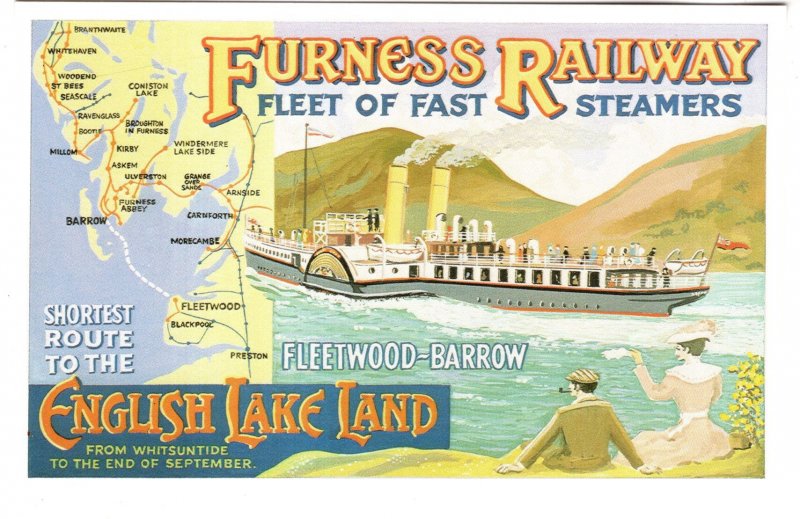 Furness Railway, Fleet of Fast Steamer , Map English Lake Land, Paddle Ship
