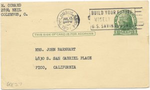 US used UX27 Jefferson. Penny post card.  Mailed 1951