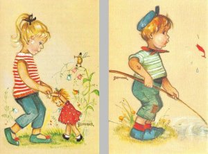 2~Postcards  MAINZER~BONNIE  Children  #562 GIRL~Doll & #553 BOY~Fishing Pole