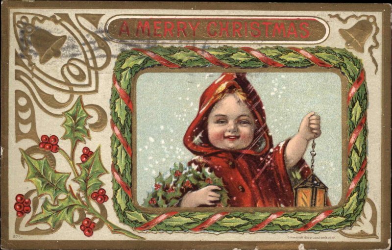 Christmas Smiling Little Girl with Lantern Red Cloack c1910 Vintage Postcard