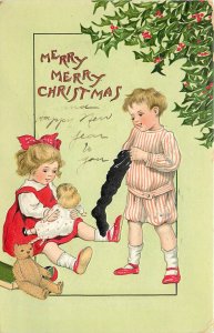 Tuck Postcard Christmas Children 531 Merry Christmas Girl Boy Doll Teddy Bear