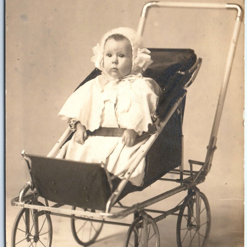 ID'd c1910s Adorable 10mo Baby Girl RPPC Cute Stroller Real Photo PC Rogers A122